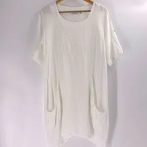 Vasana | Dresses | Linen Made In Italy White Dress Summer Relaxed Sleeves  Two Pockets Scoop Neck | Poshmark